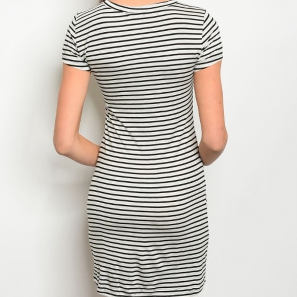 Body Con Striped Dress Short Sleeve Fitted Black - Picture 2 of 4